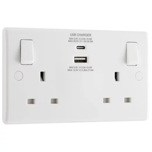 White Round Edge Moulded Double 13A Socket with Type A and C Charger 30W