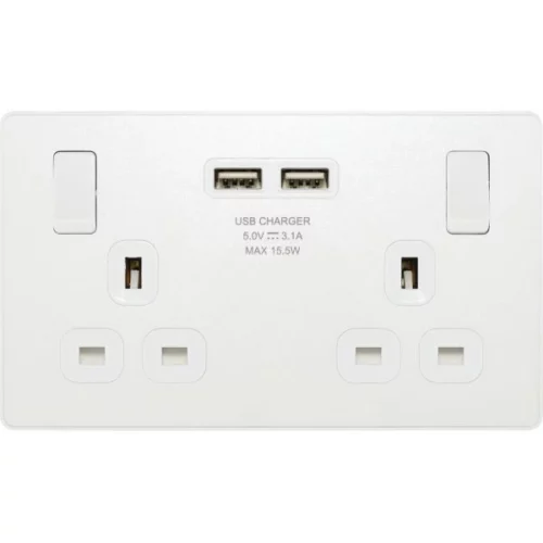 Pearlescent White Evolve 2 Gang 13A 2x USB-A 3.1A Switched Socket Outlet - White Insert - Image 2