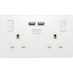 Pearlescent White Evolve 2 Gang 13A 2x USB-A 3.1A Switched Socket Outlet - White Insert