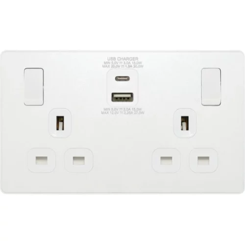 Pearlescent White Evolve 2 Gang 13A 1x USB-QC A 27W 1x USB-PD C 30W Switched Socket White Insert - Image 2