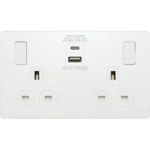 Pearlescent White Evolve 2 Gang 13A 1x USB-QC A 27W 1x USB-PD C 30W Switched Socket White Insert