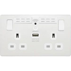 Pearlescent White Evolve 2 Gang 13A 1x USB-A 2.1A Wi-FI Extender Switched Socket Outlet White Insert