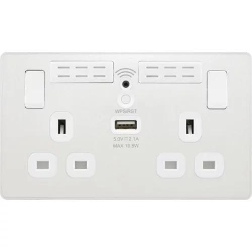 Pearlescent White Evolve 2 Gang 13A 1x USB-A 2.1A Wi-FI Extender Switched Socket Outlet White Insert