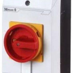 Main switch, P1, 25 A, surface mounting, 3 pole, Emergency switching off function, With red rotary handle and yellow locking ring, Lockable in the 0 (