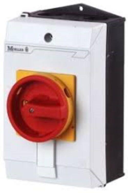 Main switch, P1, 25 A, surface mounting, 3 pole, Emergency switching off function, With red rotary handle and yellow locking ring, Lockable in the 0 (